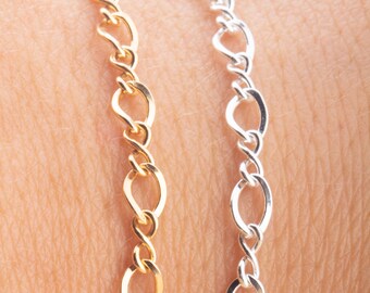 Op de afbeelding: Close-up van twee delicate kettingarmbanden. De ene is goudkleurig, de andere zilverkleurig. De kettingen hebben een ovaal schakelontwerp, wat een eenvoudige maar elegante uitstraling creëert. De armbanden worden op een huidskleurige achtergrond getoond.