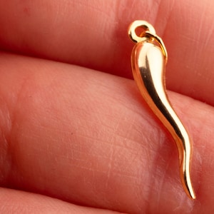 Puede incluir: Un amuleto de color dorado en forma de cuerno curvo. El amuleto mide aproximadamente 5 cm de largo y tiene un acabado liso y pulido.