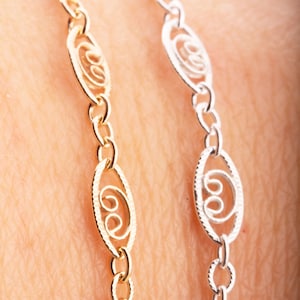 7mm x 4mm Oval Filigree Heart Chain by Foot in Sterling Silver, Gold Filled, Great for Permanent Jewelry, Linked Oval Hearts, USA Made