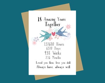 18th Anniversary card, 18th Anniversary card, special 18th anniversary card, Eighteen years together, 18th Anniversary Card