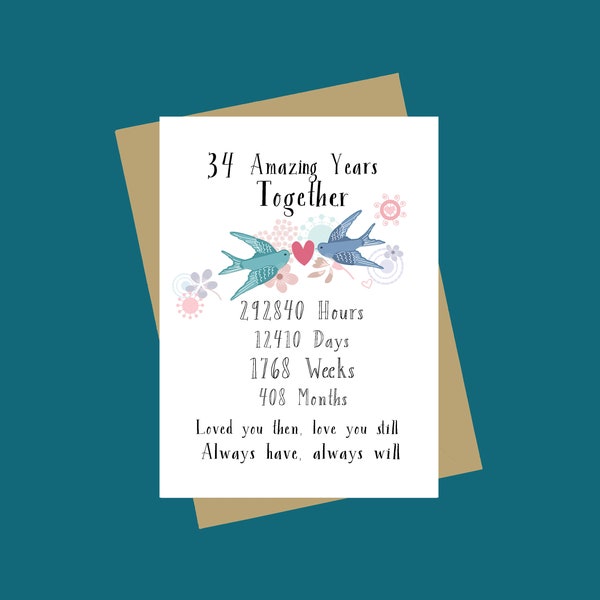 34th Anniversary card, 34th Anniversary card, special 34th anniversary card, Thirty four years together, 34th Anniversary Card