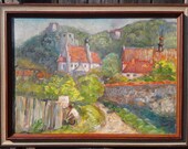 Spectacular vintage thickly painted impressionist oil painting lush country scene with houses and figure stunning brushwork FREE SHIPPING