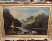 Rare 19th century classical panoramic castle river landscape oil painting with cows large canvas ornate gold frame spectacular piece