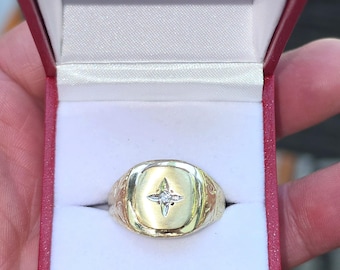 Rare Amazing Estate Find Vintage Art Deco style chunky 10k yellow gold and diamond star pattern mens ladies signet ring Nice WATCH VIDEO