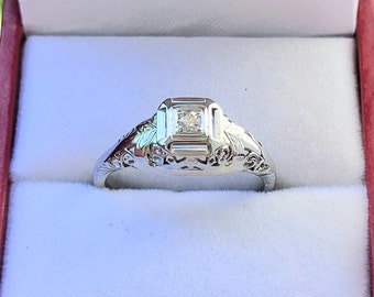 Amazing Estate Encuentre un anillo de compromiso nupcial para damas con diamantes genuinos de talla antigua europea muy detallado en oro blanco Art Déco de 14 k VER VIDEO