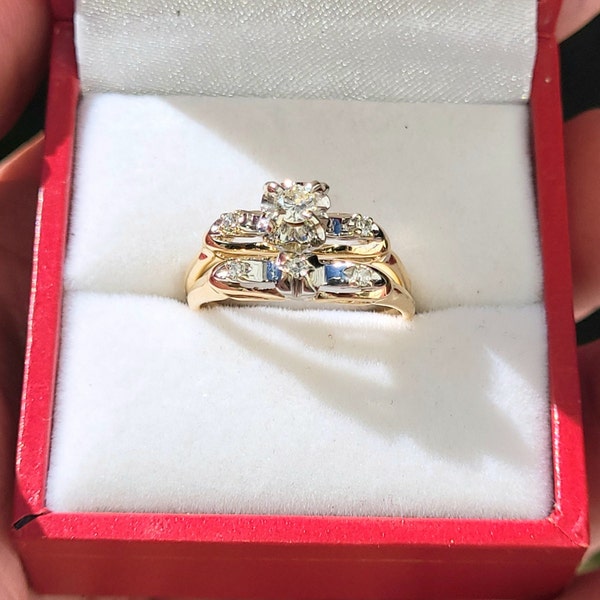 Hard to Find Rare Find 1940s Art Deco style Edwardian 14k matching wedding bridal set ladies diamond engagement ring WATCH VIDEO