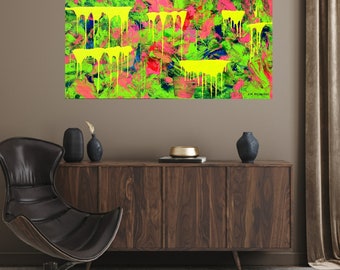 Jim Richards Kunst signierte originale moderne zeitgenössische Stil Pop-Art-Sprühfarbe abstrakte Neon-Streetart-Graffiti-Tropfmalerei MIT VIDEO