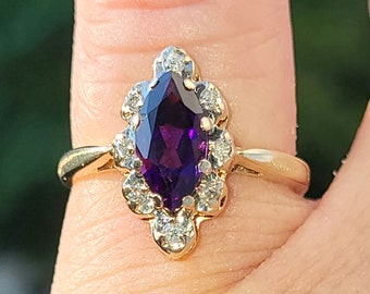 Rare Estate Find vintage 1980s 10K yellow gold Spectacular Large Purple Amethyst Navette style ladies ring diamonds Great Look WATCH VIDEO