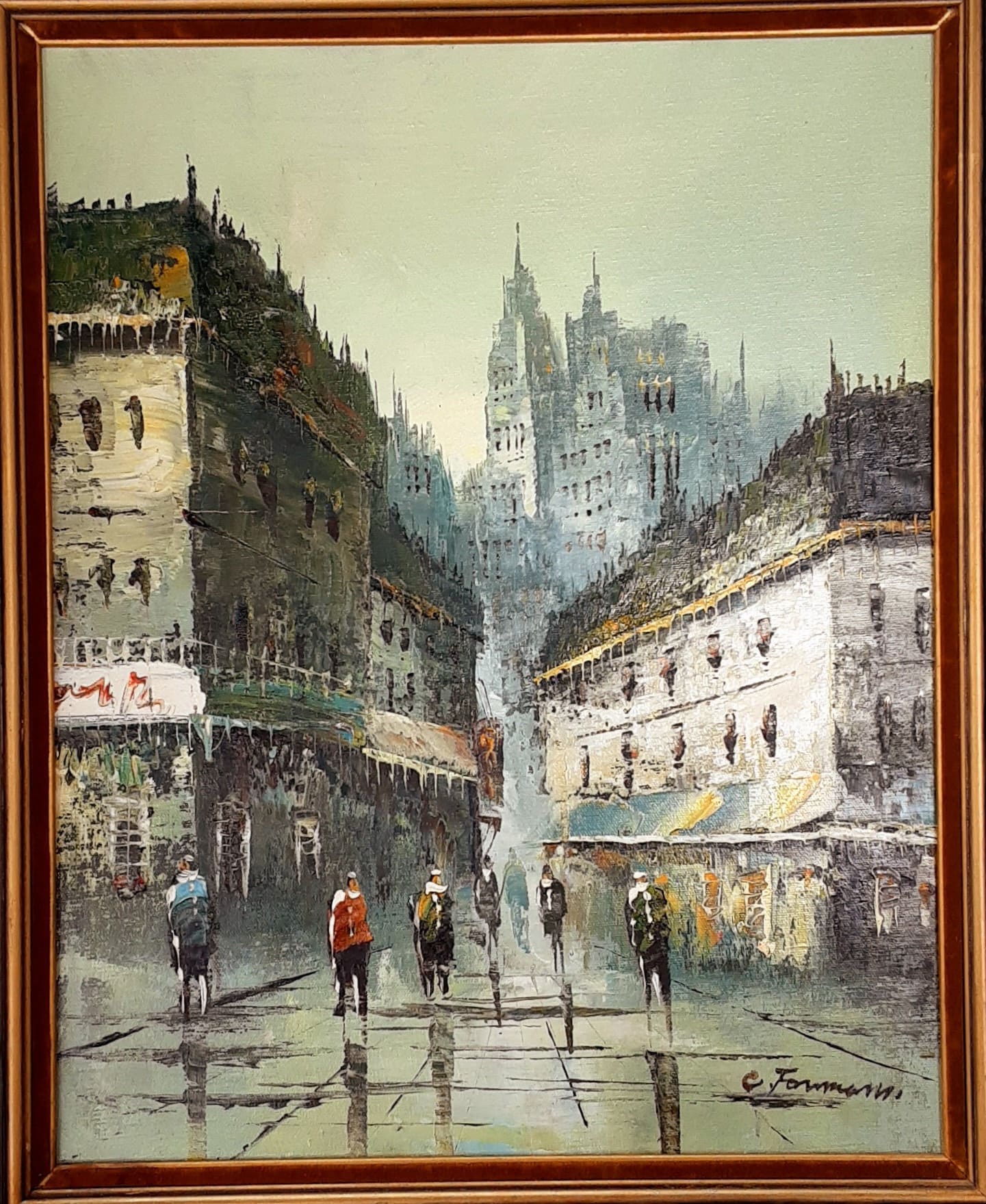 Superb 1960s French Impressionist Busy Street Scene Mid Century