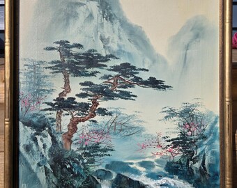 Rare Estate vintage 1970s Chinese original oil painting on canvas waterfall landscape by S T Young signed framed Amazing Look WATCH VIDEO