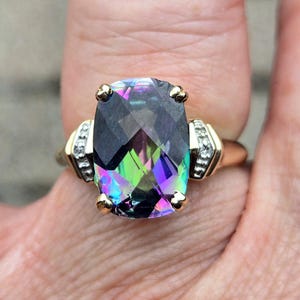 Estate Find Vintage Large cushion shaped striking Mystic Topaz great rainbow of colors and diamonds 10k yellow gold ladies ring WATCH VIDEO
