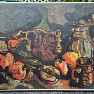 Rare Estate 1970s Mid Century MCM still life dark expressionist style oil painting fruits & jug on table setting vintage frame WATCH VIDEO