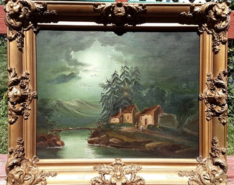 Amazing Rare hard to find 19th century American luminist style dramatic moonlight oil painting ornate gold frame incredible piece WITH VIDEO