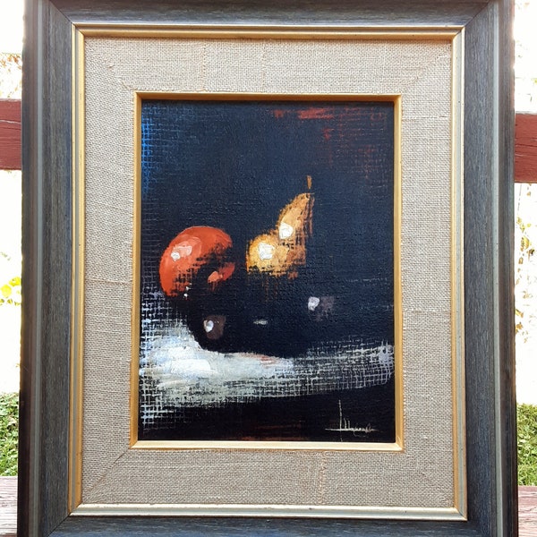 Amazing 1960s Danish style modernist mid century oil painting with killer texture still life with apple and pear framed signed WATCH VIDEO