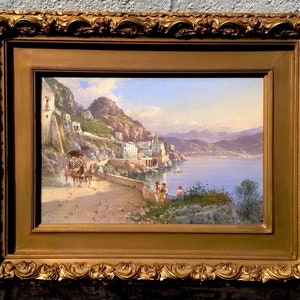 Rare Museum quality 19th century Naples Italy artist Guglielmo Guisti Signed Posillipo school on wooden panel panoramic landscape