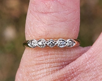 Stunning Estate Find 1940s Art Deco style 14k yellow white gold ladies engagement diamond stacker ring with rare hearts motif WATCH VIDEO