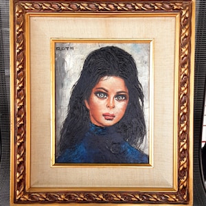 Only original on Etsy Rare 1950s French artist Etienne Roth mcm big eye mid century oil painting dark haired gothic girl signed Watch Video