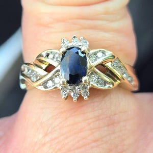 Great Estate find 1980-90s vintage genuine oval shaped Sapphire and diamond Crossover design style 10k yellow gold ladies ring WATCH VIDEO