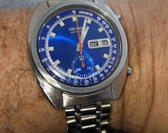 Rare Estate Find Vintage 1970s Seiko Automatic Chronograph Men's Watch 6139-6015 "Bruce Lee" Spectacular blue dial original band WATCH VIDEO