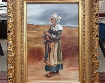 Dramatic rare 19th century oil painting portrait Dutch girl by Walter Satterlee American artist very ornate antique gold frame WATCH VIDEO