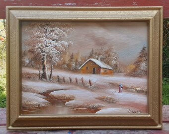 Impresionante paisaje de cabaña invernal retro vintage de los años 70 con figura, pintura al óleo sobre lienzo firmada por I Cafieri, marco dorado ornamentado. VER VIDEO