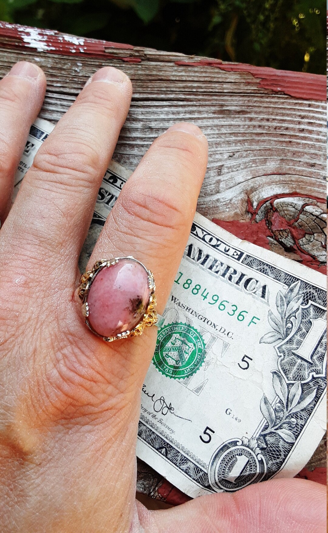 Rare 1930s Deco Style Large Ladies Oval Pink Rhodonite Ring by Unitas ...