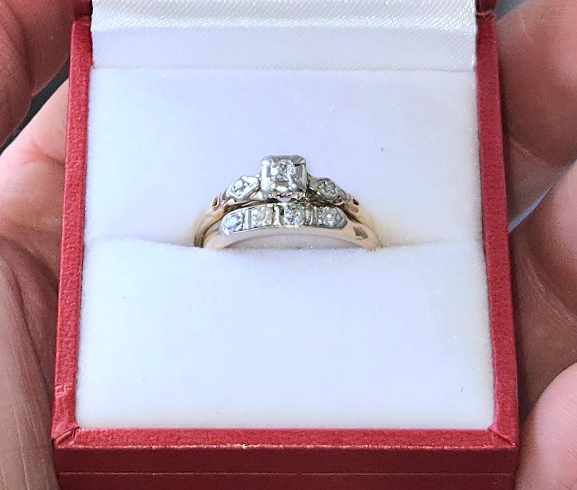 Estate Find 1940s Art Deco style 14k yellow white gold matching wedding Bridal set ladies old mine cut diamond engagement ring WATCH VIDEO