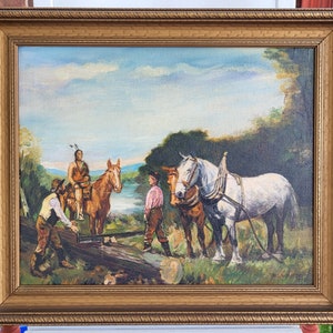 Rare Amazing Estate Find 1930s Indian on horseback logging Pioneers Landscape oil painting on canvas signed antique gold frame WATCH VIDEO