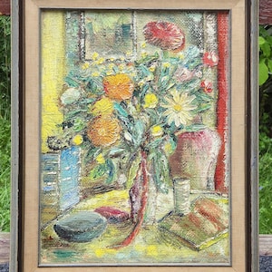 Estate Rare 1950s Mid Century MCM still life thick paint expressionist style oil painting flowers in vase on table vintage frame WATCH VIDEO