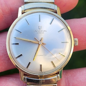 Rare Estate Find 1960s 1970s mid century Universal Geneve automatic mens watch Superb Killer satin silver dial vintage band WATCH VIDEO