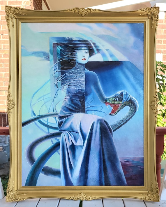 Amazing Famous Polish artist Andrzej Wronski Surrealist Gothic style oil painting signed Mysterious Lady Snake ornate gold frame Watch Video