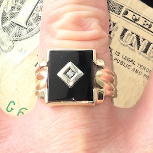 Rare Amazing Estate Find Classic style Gothic look 1940-50s era mid century 10k yellow gold onyx diamond mens ladies signet ring WATCH VIDEO