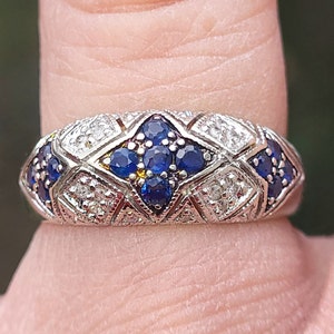 Stunning 14k white gold star pattern 1940s Art Deco style filigree with Milgrain details blue Sapphire and Diamond ladies ring WATCH VIDEO