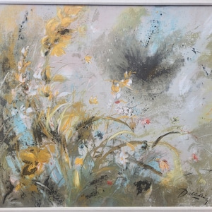 May include: Abstract painting of a field of flowers in shades of yellow, blue, and white. The background is a muted gray with splashes of black and blue. The painting is signed "Ditebsky" in the lower right corner.