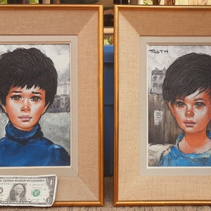 SUPER Rare Pair of 1950s paintings French artist Etienne Roth mcm big eye mid century oil painting dark haired children signed Watch Video