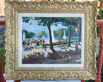 Amazing 1950s Mid Century MCM French impressionist style oil painting park fountains and people landscape signed vintage frame WATCH VIDEO