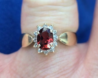 Amazing Estate vintage 10k yellow gold Stunning large oval shaped genuine red Garnet and diamond halo ladies ring Stunning Look WATCH VIDEO