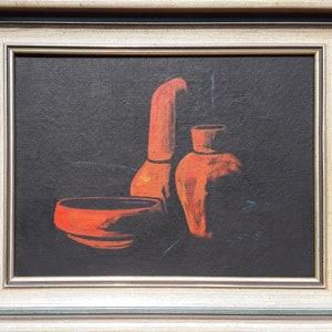 Amazing 1960s Danish oil painting with killer retro orange color still life framed great chiaroscuro effect Watch Video