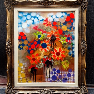 Jim Richards arte más nuevo arte pop kitsch reciclado 1970 floral bodegón pintura de color neón pintura espasmo firmado sello de estudio VER VIDEO