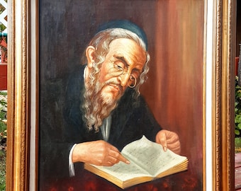 Superb 1960s 1970s retro high quality portrait of Jewish Rabbi amazing quality Judaica oil painting on canvas framed signed WATCH VIDEO