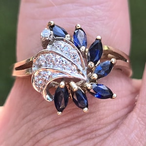 Amazing Estate find vintage 1980-90s 10K yellow gold Diamond and marquise shaped dark blue Sapphire ladies floral coctail ring  WATCH VIDEO