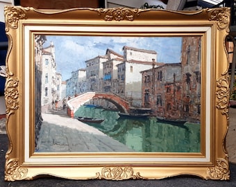 Rare mid century impressionist oil painting by well listed Italian artist Giuseppe Marino(1916-1975) Venice Canal great quality Watch Video