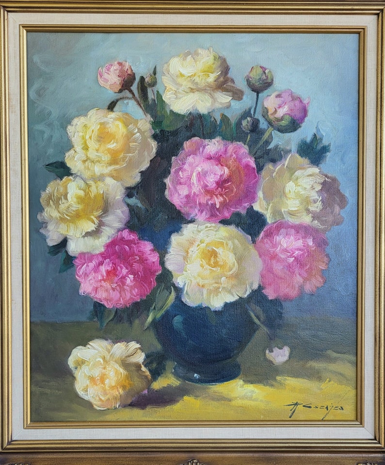 Rare Estate Original 1960-70s Still Life Oil Painting of Peonies ...