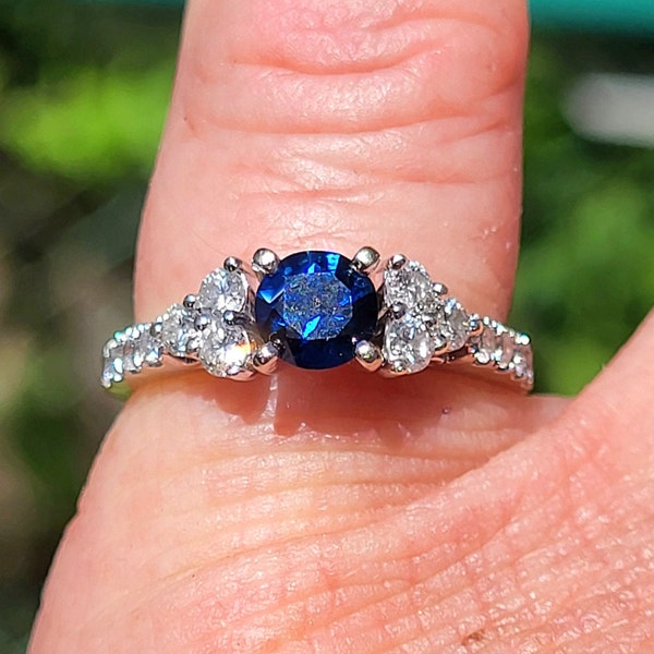 Spectacular Estate 14k white gold Art Deco style VS clarity blue sapphire and diamond ladies engagement ring With Appraisal WATCH VIDEO