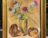 Rare Very Unique 1940s Mid Century still life oil painting of Flowers and Mushrooms stunning antique gold leaf frame signed WATCH VIDEO