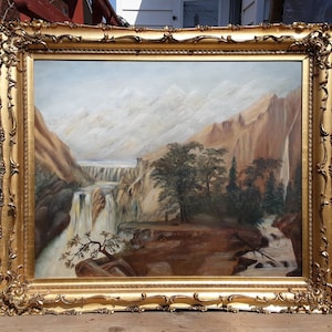 Rara pintura a óleo panorâmica americana do século XIX, estilo Rio Hudson, paisagem de montanha dos primeiros pioneiros, cachoeira, moldura antiga Assistir vídeo