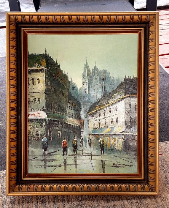 Superb 1960s French Impressionist Busy Street Scene Mid Century