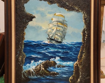 Very Rare find 1960s mid century spectacular masted ship in high seas nautical marine scene looking through grotto unique piece WATCH VIDEO