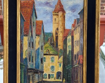 Rare Find Spectacular 1950s MCM Mid Century French impressionist oil painting village scene Vintage frame and retro velvet liner WATCH VIDEO