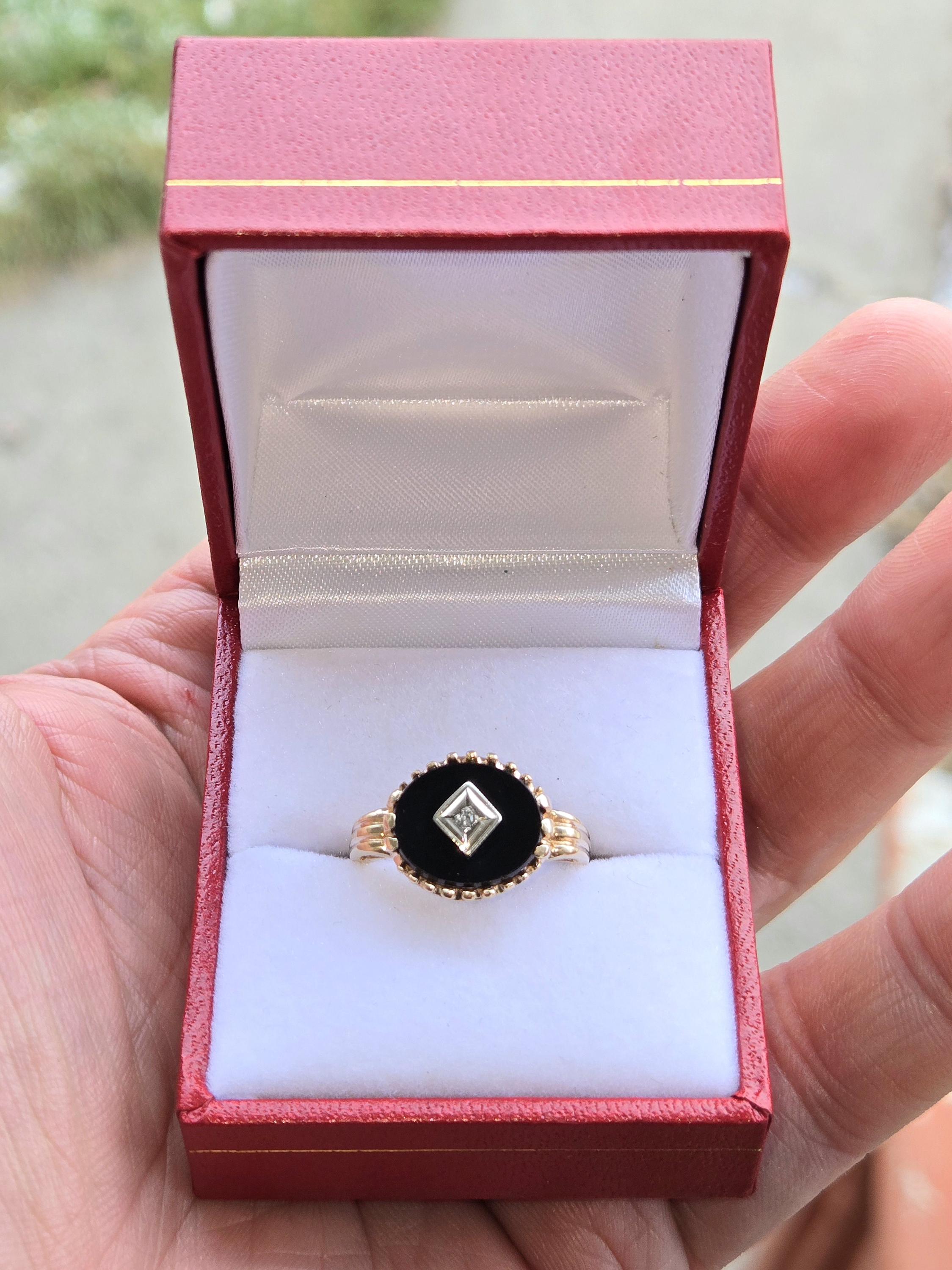 Amazing 1940s Edwardian era Art Deco style 14K yellow white gold ladies onyx and diamond center Gothic Look Spectacular Detail WATCH VIDEO